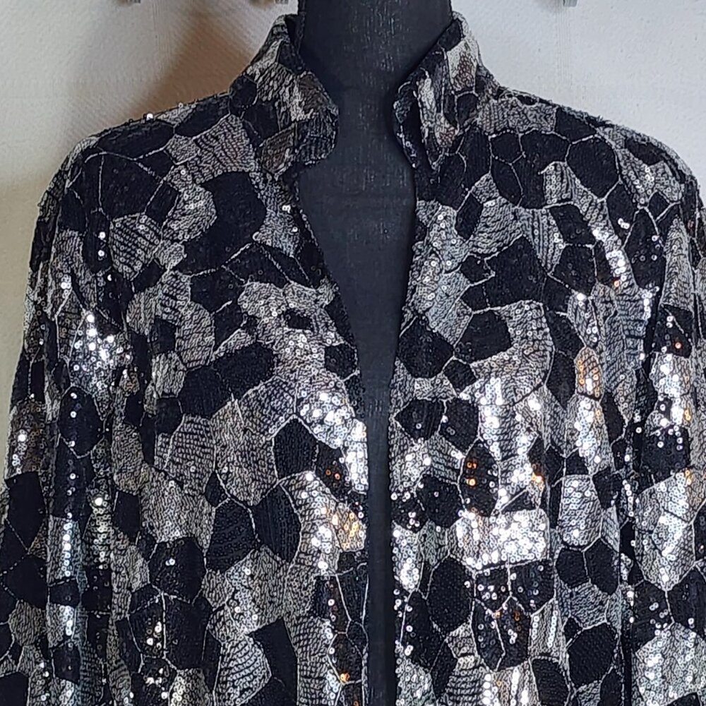 Chico's Black Silver Sequin Twilight Dazzle Tropez Poly Jacket Sz Chico 3 US XL - Picture 2 of 16